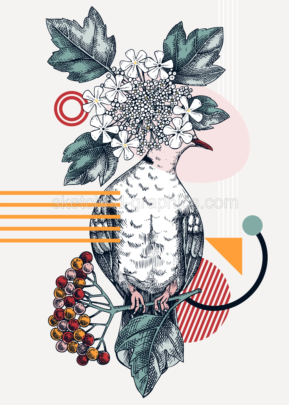 Collage-style bird card. Sketched dove trendy poster. Creative designs with bird sketch, botanical illustrations, geometric shapes, and abstract elements for nature print, wall art, packaging.  Illustration